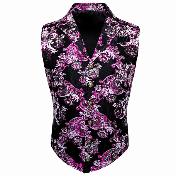 Black Pink Floral Jacquard Men's Collar Victorian Suit Vest
