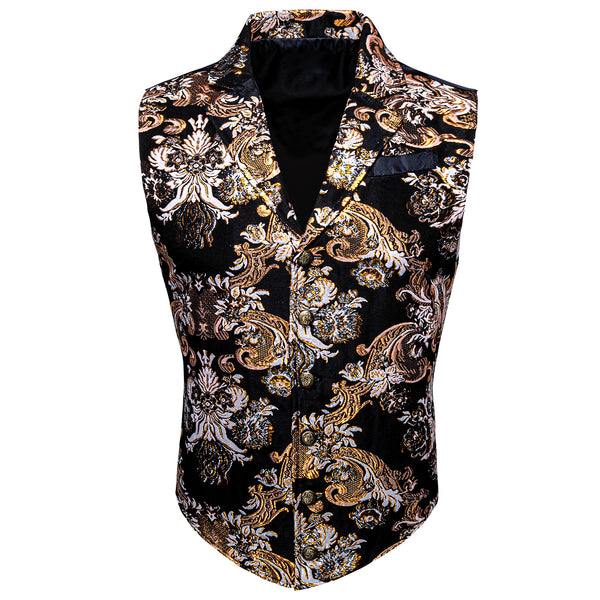 Black Orange Floral Jacquard Men's Collar Victorian Suit Vest