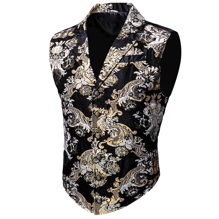 Black Champagne Floral Jacquard Men's Collar Victorian Suit Vest