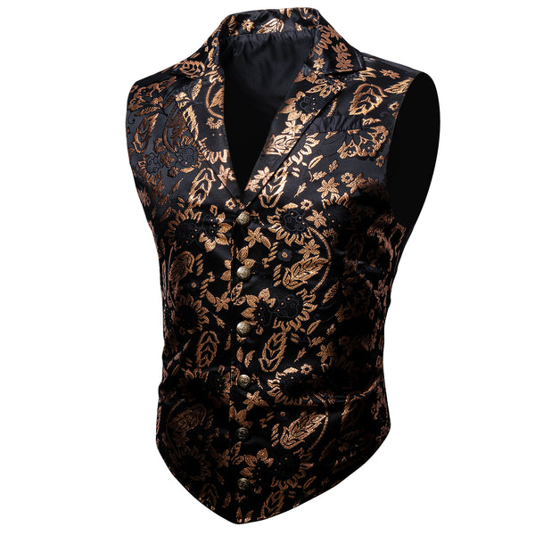 Black Brown Floral Jacquard Men's Collar Victorian Suit Vest