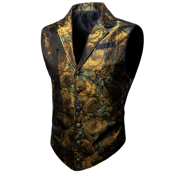 Golden Green Floral Jacquard Men's Collar Victorian Suit Vest