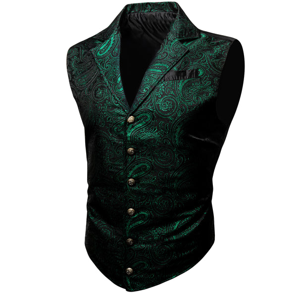 Ties2you Men's Vest Black Green Paisley Jacquard Notched Collar Slim Victorian Suit Vest