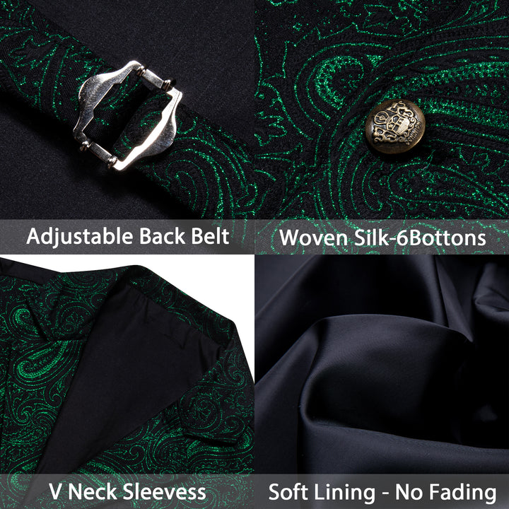 Black Green Paisley Jacquard mens silk vest for dress