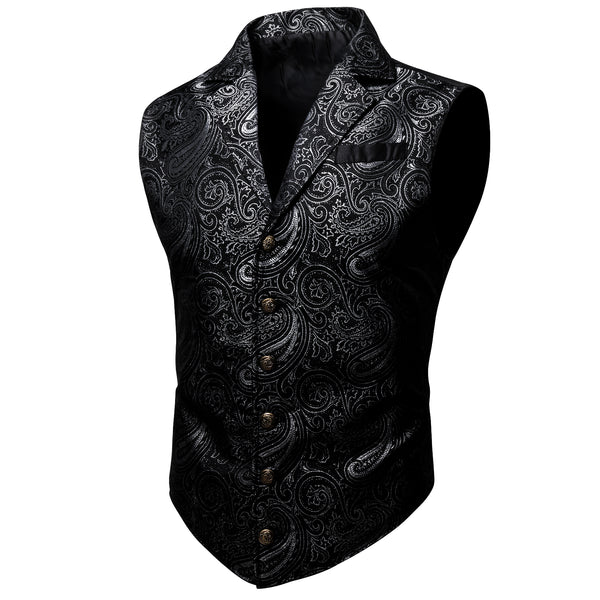 Black White Paisley Jacquard Men's Collar Victorian Suit Vest