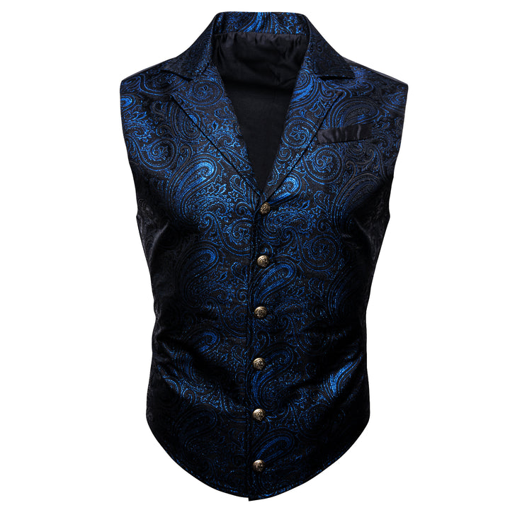 mens suits with vest of Black Royal Blue Paisley Jacquard Men's Collar Victorian Suit Vest