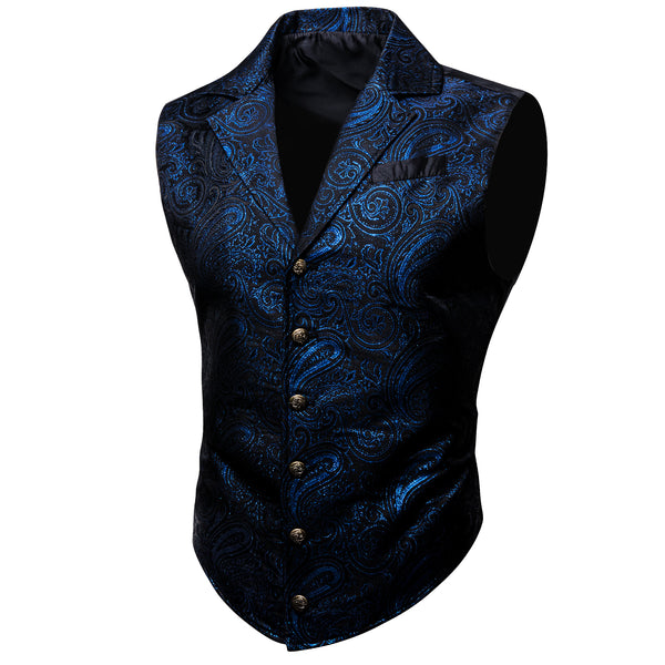Black Royal Blue Paisley Jacquard Men's Collar Victorian Suit Vest