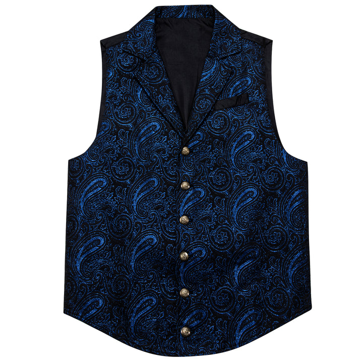 Black Royal Blue Paisley silk vest suit men