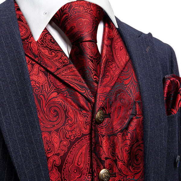 Classic Red Paisley Metal Button Jacquard Silk Men's Vest Hanky Cufflinks Tie Set