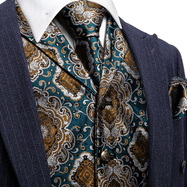 Indigo Blue Brown Novelty Metal Button Jacquard Silk Men's Vest Hanky Cufflinks Tie Set