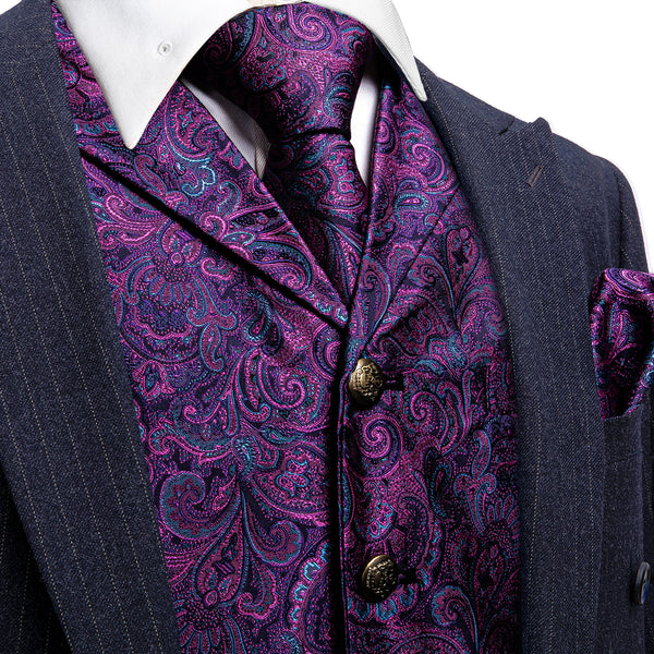 Dark Purple Paisley Metal Button Jacquard Silk Men's Vest Hanky Cufflinks Tie Set