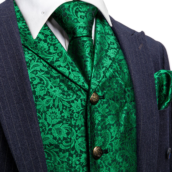 Green Paisley Metal Button Jacquard Silk Men's Vest Hanky Cufflinks Tie Set