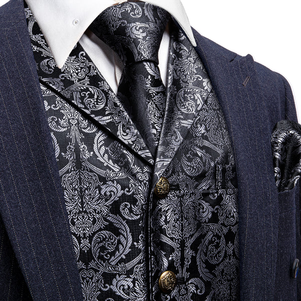 Black Grey Paisley Metal Button Jacquard Silk Men's Vest Hanky Cufflinks Tie Set