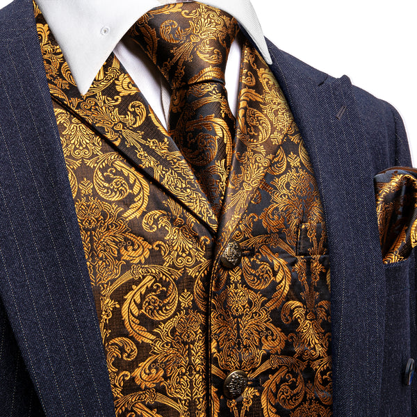 Golden Brown Paisley Metal Button Jacquard Silk Men's Vest Hanky Cufflinks Tie Set