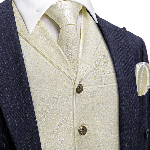 Beige White Champagne Floral Collar Jacquard Silk Men's Vest Hanky Cufflinks Tie Set
