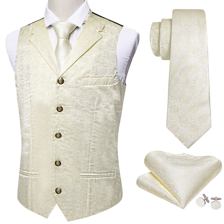 Beige White Champagne Floral Collar Jacquard Silk Men's Vest