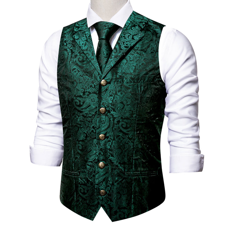 Dark Green Paisley Jacquard Silk groom suit with vest