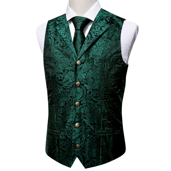 buy mens vest online from ties2you Dark Green Paisley Jacquard Silk Men's Vest Hanky Cufflinks Tie Set