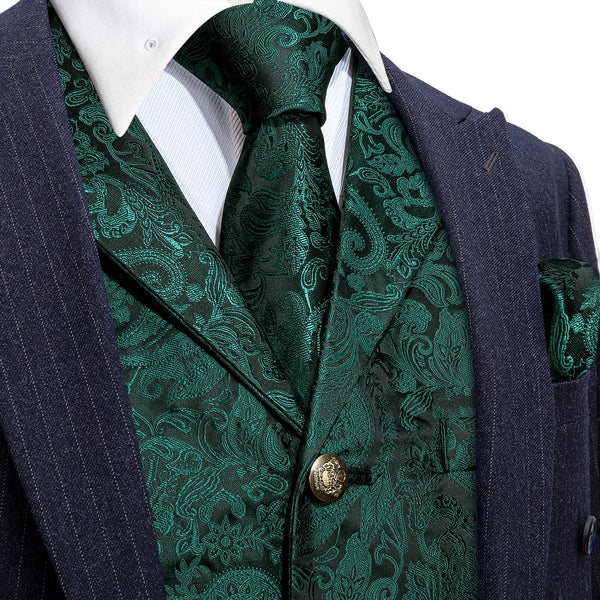 Dark Green Paisley Jacquard Silk Men's Vest Hanky Cufflinks Tie Set