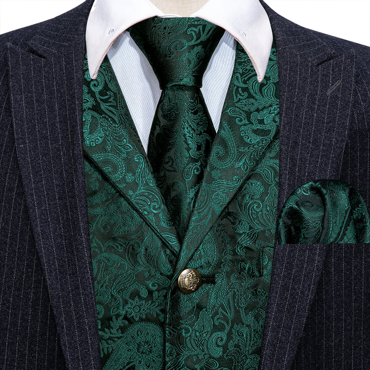 Dark Green Paisley Jacquard Silk Mens casual vest outfit