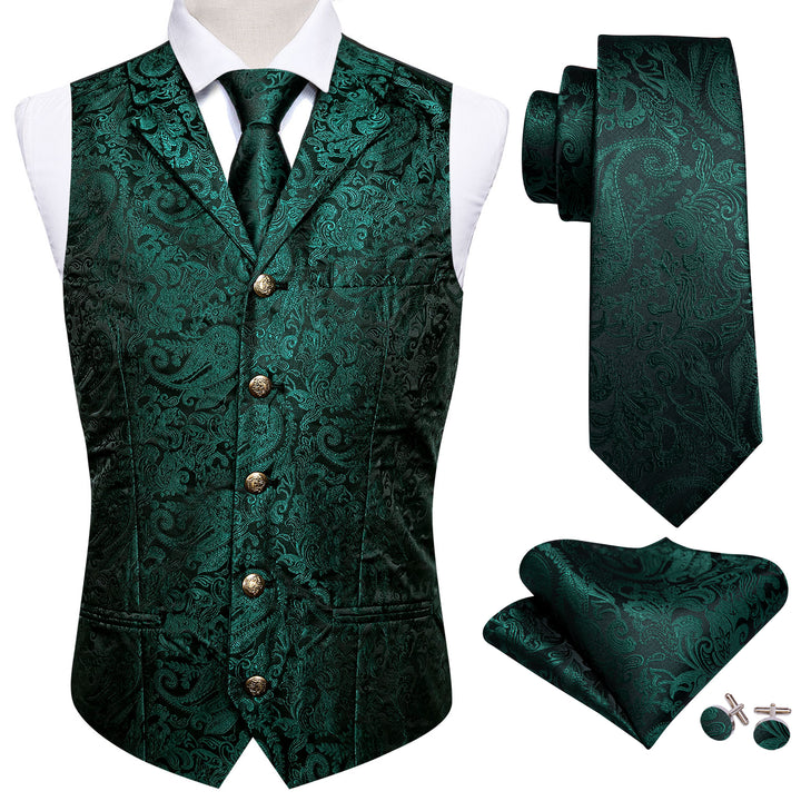 Dark Green Paisley Jacquard Silk Men's cheap vest