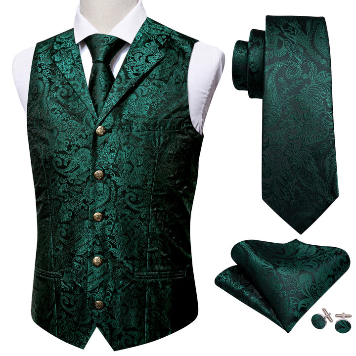 Dark Green Paisley Jacquard Silk dressy vests for men