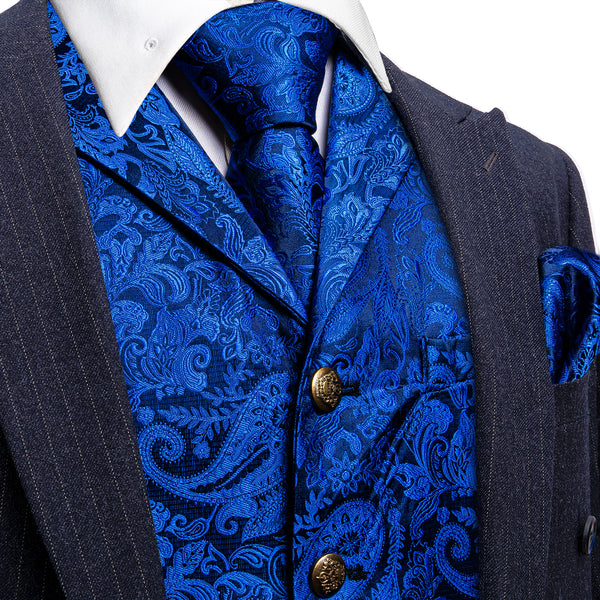 Blue Paisley Metal Button Jacquard Silk Men's Vest Hanky Cufflinks Tie Set