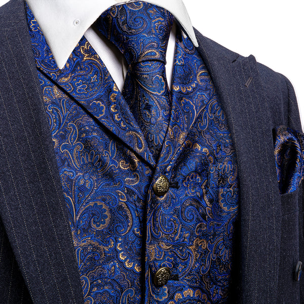 Royal Blue Paisley Metal Button Jacquard Silk Men's Vest Hanky Cufflinks Tie Set