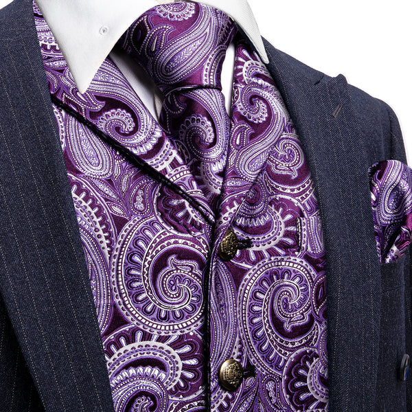 Purple White Paisley Metal Button Jacquard Silk Men's Vest Hanky Cufflinks Tie Set