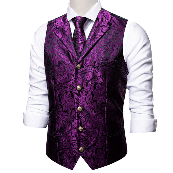 Black Purple Paisley Metal Button Jacquard Silk Men's Vest Hanky Cufflinks Tie Set