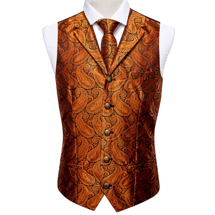 Orange Paisley Metal Button Jacquard Silk formal vest mens