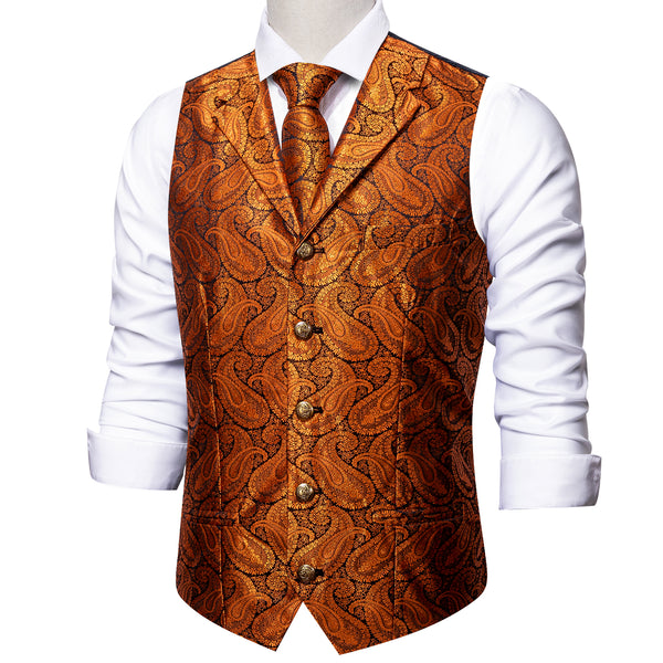 Orange Paisley Metal Button Jacquard Silk Men's Vest Hanky Cufflinks Tie Set