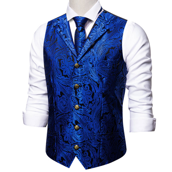 Royal Blue Paisley Metal Button Jacquard Silk Men's Vest Hanky Cufflinks Tie Set