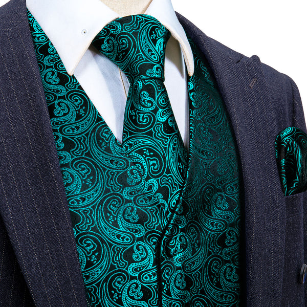 Lake Blue Paisley Jacquard Silk Men's Vest Hanky Cufflinks Tie Set