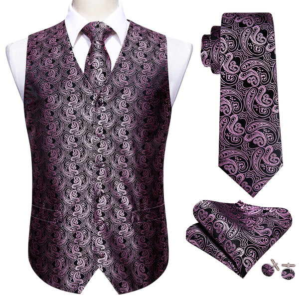Black Pink Paisley Jacquard Silk Men's Vest Hanky Cufflinks Tie Set