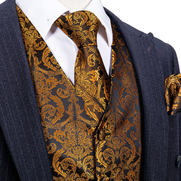 Golden Brown Paisley Jacquard Silk Men's Vest Hanky Cufflinks Tie Set
