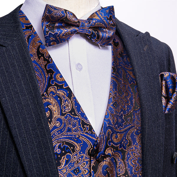 Blue Brown Paisley Silk Men's Vest Bow Tie Handkerchief Cufflinks Set Waistcoat Suit Set