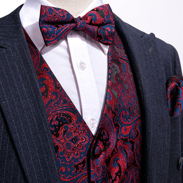 Blue Red Paisley Silk Men's Vest Bow Tie Handkerchief Cufflinks Set Waistcoat Suit Set
