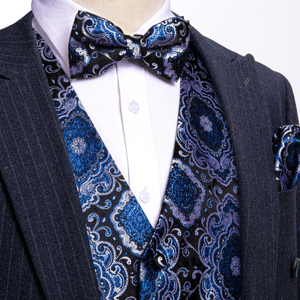 Black Blue Retro Floral Silk Men's Vest Bow Tie Handkerchief Cufflinks Set Waistcoat Suit Set