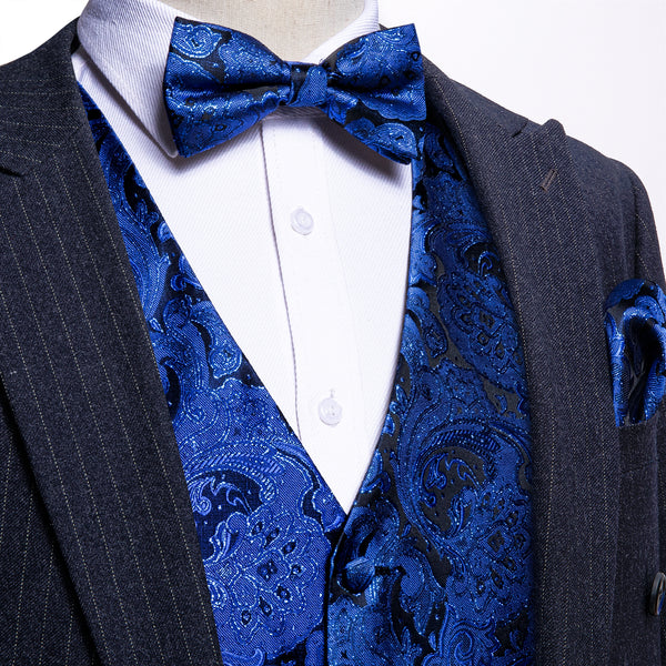 Black Shining Blue Paisley Silk Men's Vest Bow Tie Handkerchief Cufflinks Set Waistcoat Suit Set