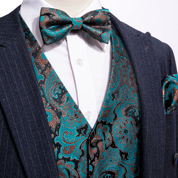 Lake Blue Green Floral Silk Men's Vest Bow Tie Handkerchief Cufflinks Set Waistcoat Suit Set