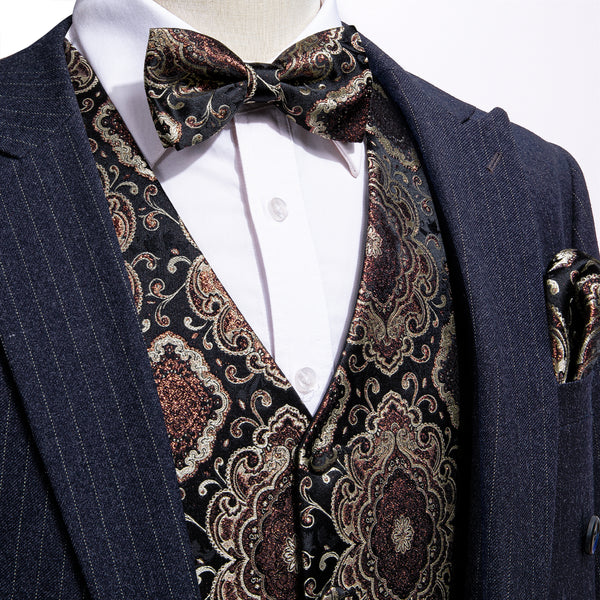 Black Brown Retro Floral Silk Men's Vest Bow Tie Handkerchief Cufflinks Set Waistcoat Suit Set