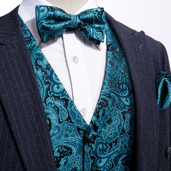 Lake Blue Black Floral Silk Men's Vest Bow Tie Handkerchief Cufflinks Set Waistcoat Suit Set