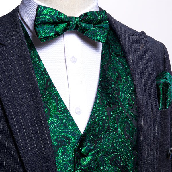 Green Black Floral Silk Men's Vest Bow Tie Handkerchief Cufflinks Set Waistcoat Suit Set
