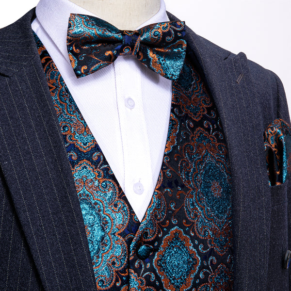 Black Lake Blue Retro Floral Silk Men's Vest Bow Tie Handkerchief Cufflinks Set Waistcoat Suit Set