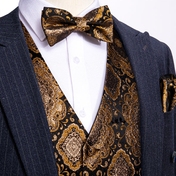 Black Golden Retro Floral Silk Men's Vest Bow Tie Handkerchief Cufflinks Set Waistcoat Suit Set