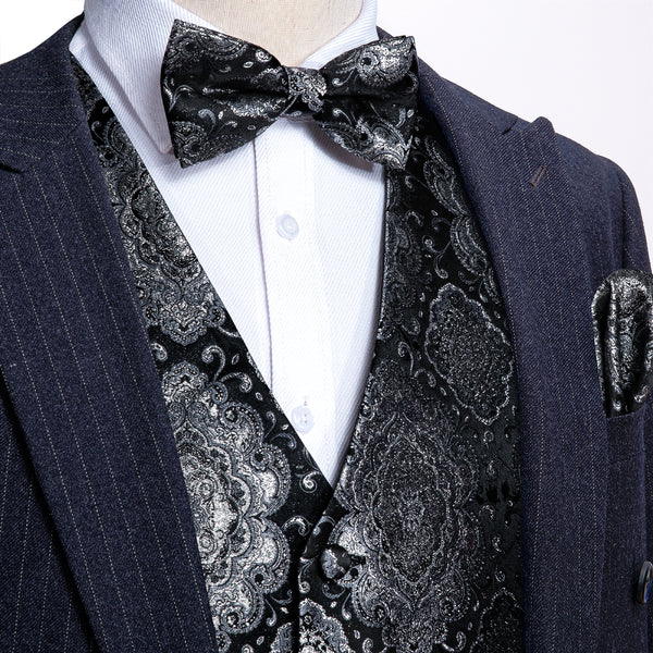 Black Grey Retro Floral Silk Men's Vest Bow Tie Handkerchief Cufflinks Set Waistcoat Suit Set