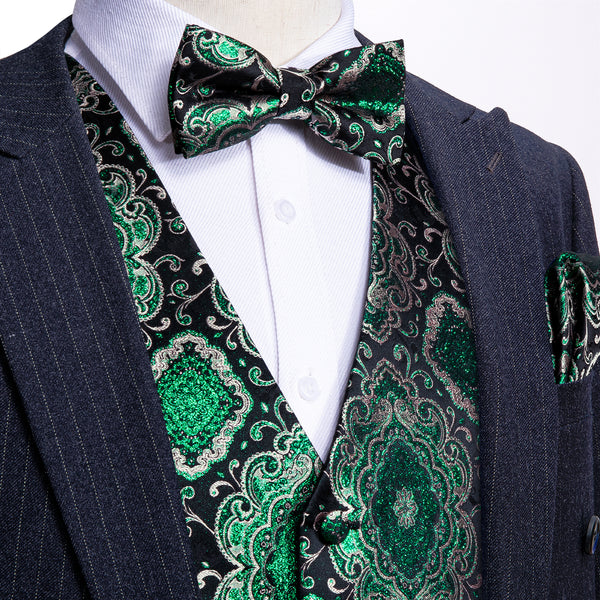 Black Shining Green Retro Floral Silk Men's Vest Bow Tie Handkerchief Cufflinks Set Waistcoat Suit Set