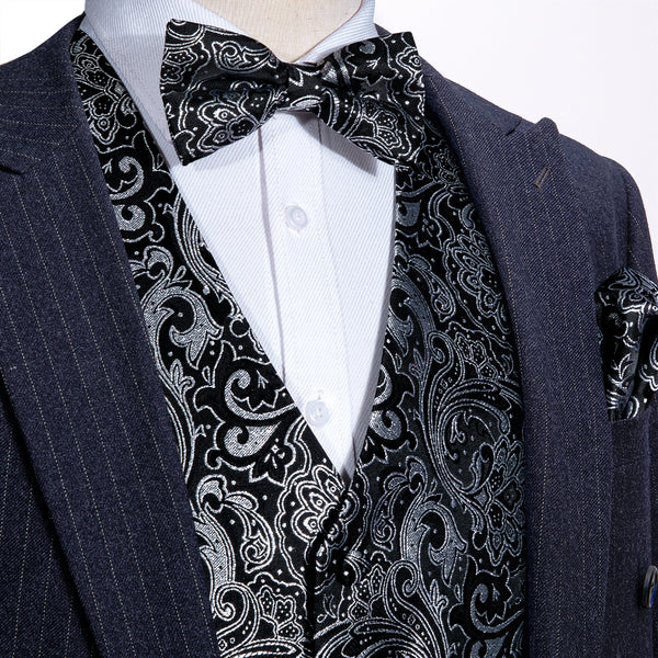 Grey Black Floral Silk Men's Vest Bow Tie Handkerchief Cufflinks Set Waistcoat Suit Set