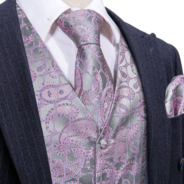 Silver Grey Pink Paisley Jacquard Silk Men's Vest Hanky Cufflinks Tie Set
