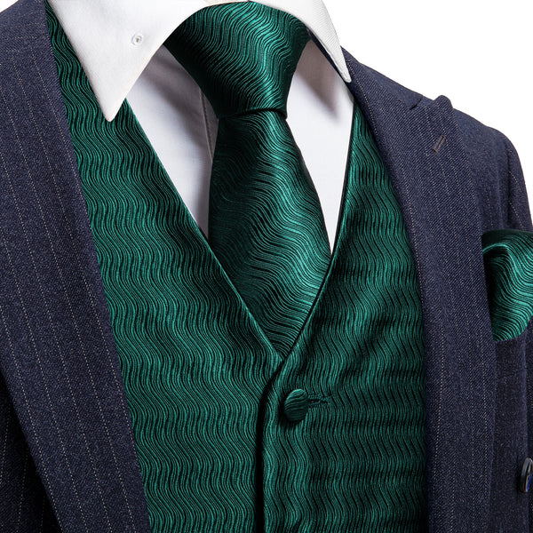 Dark Green Striped Jacquard Silk Men's Vest Hanky Cufflinks Tie Set